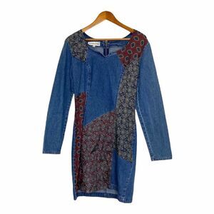 𝅺vintage Paris Sports Club Denim and Paisley Patchwork Quilted Long Sleeve Dress